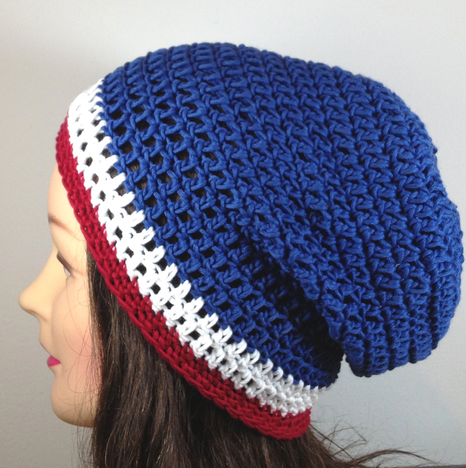 Organic Cotton Slouchy Beanie Tam Hat in Red, White, Blue