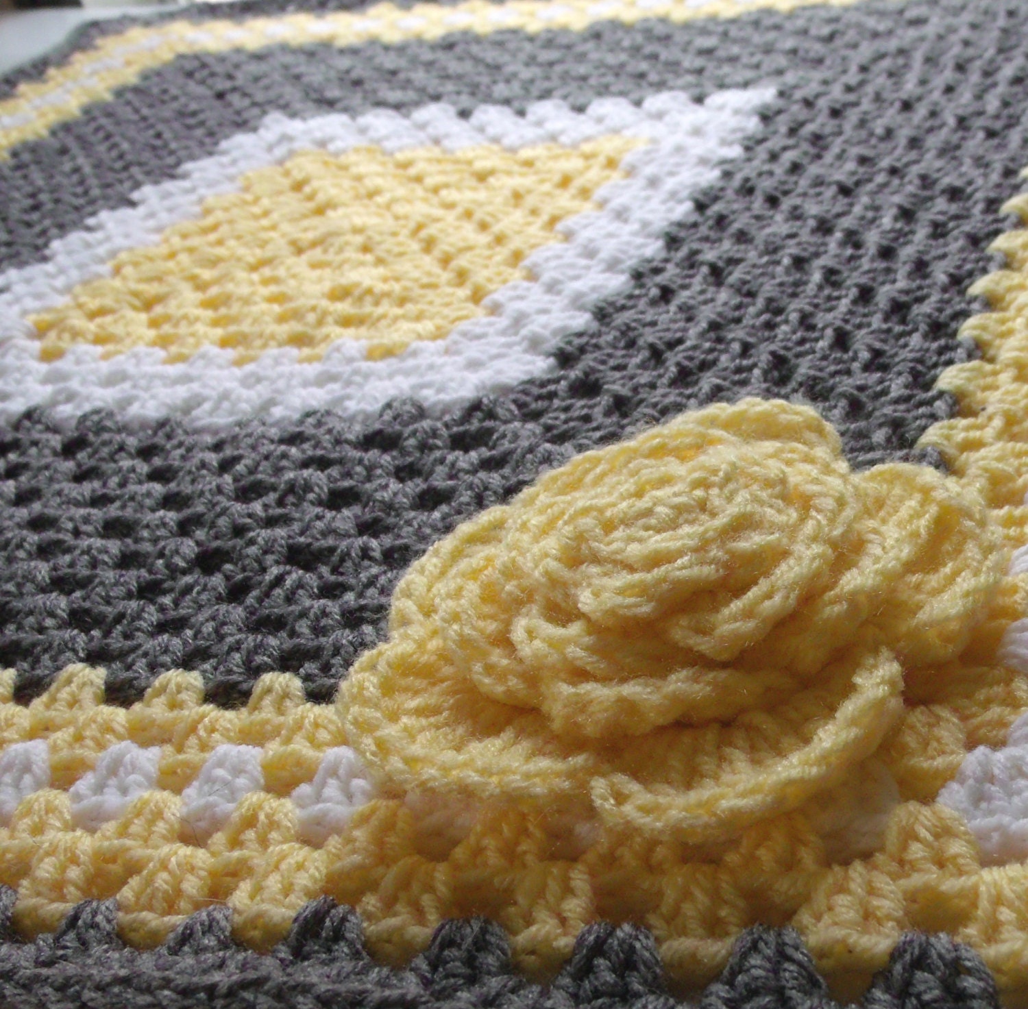 Gray & Yellow Crochet Baby Blanket  - Crochet Flower Blanket - Yellow Gray Bedding / Granny Square Blanket / Afghan - Yellow Gray Nursery