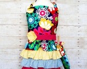Navy Floral little girl full ruffle apron with oven mitt