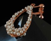 Seed Pearl Hoop Earrings. Wirework on Copper Filigree, Vintage Faux Pearls and Rhinestone Accents