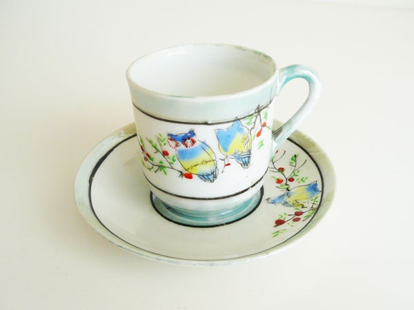 Vintage Teacup, Demitasse Cup, Childrens Tea Cup, Owls, Porcelain, Pastel, Woodland Decor, Japan, Lusterware