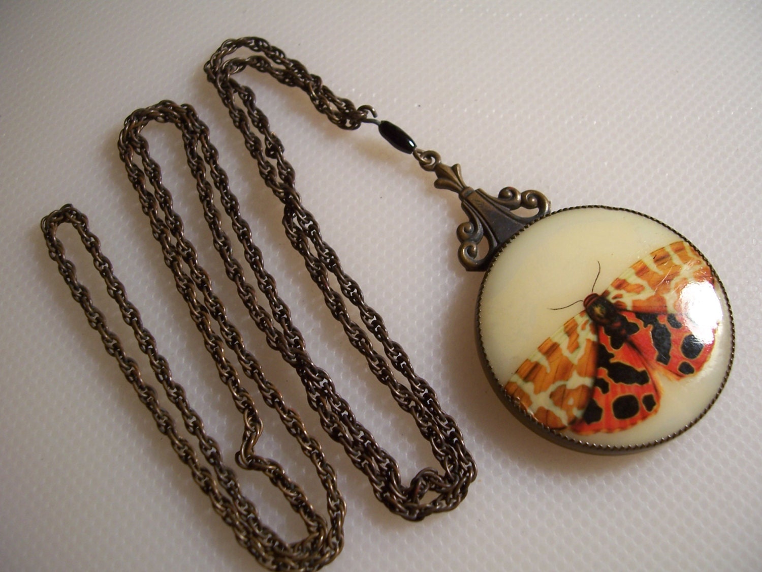 Vintage Resin Butterfly Bead Accent Pendant Necklace