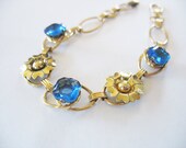 Vintage 1930's Flower Bracelet 12K Sterling Sapphire Blue Crystal Rhinestone Link Bracelet