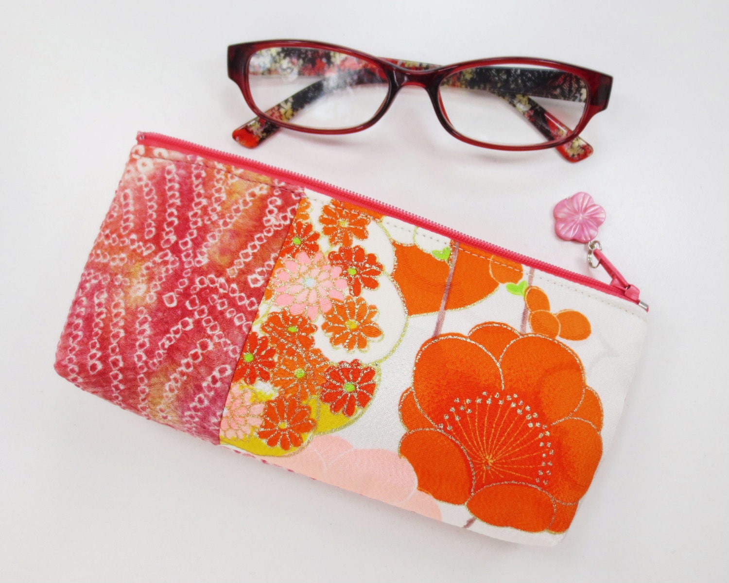 Shibori & Plum Blossom Zipper Pouch/ Eyeglass Case Made From Vintage Kimono