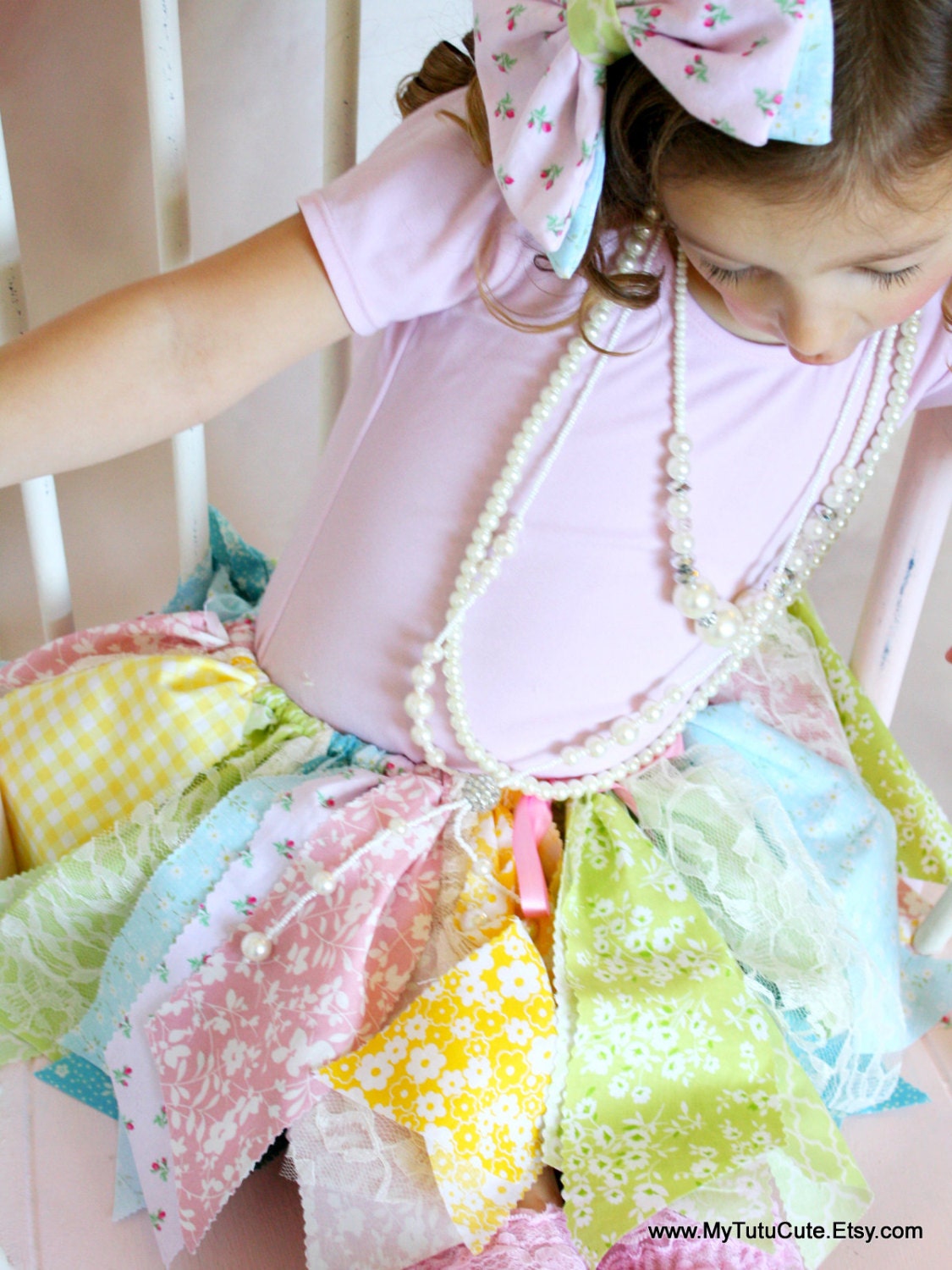 Fabric Tutu Scrap Skirt Pink Yellow Green and Blue Size Newborn to 4T