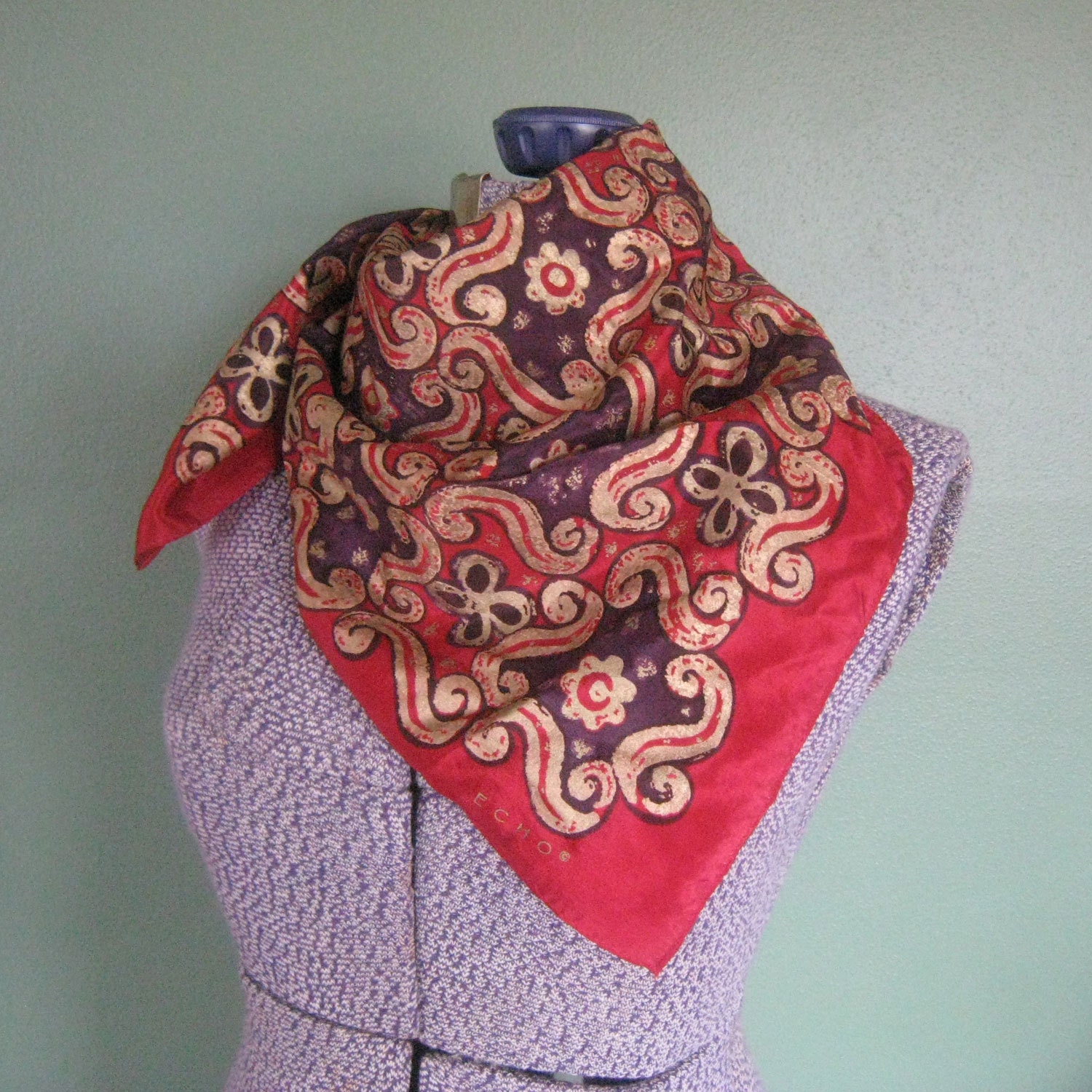 Vintage Echo Silk Scarf - Burgundy, Purple, Gold - 70's