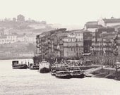 Landscape, port of Porto, Portugal, sunset, wine, barrels, photo, black and white, grey, urban, city, fine art photograph 8"x10"