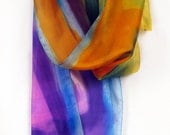 Hand painted silk scarf. Bold colored, abstract scarf in purple, orange,mustard and green. Woman fashion scarf. Painting on silk by Dimo