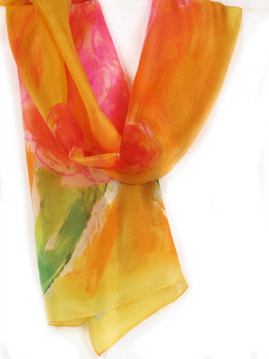Scarf silk paint by hand in yellow and orange. Hand painted scarf. Floral silk scarf. Bright summer. Wearable art. Painting on silk by Dimo - klaradar