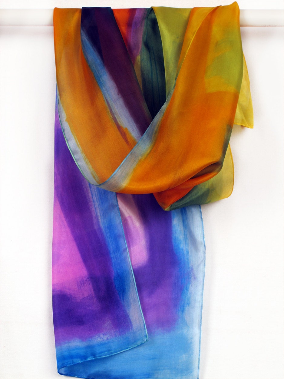 Hand painted silk scarf. Bold colored, abstract scarf in purple, orange,mustard and green. Woman fashion scarf. Painting on silk by Dimo