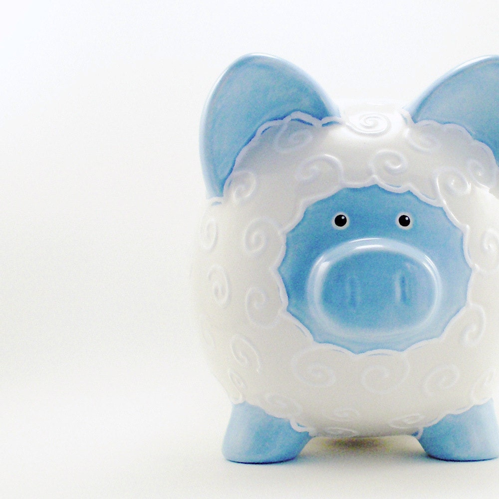 Personalized Piggy Bank - Blue Lamb - with hole or NO hole in bottom