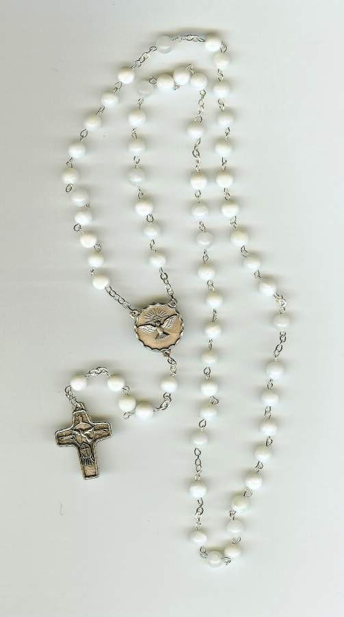 Handmade Confirmation Rosary in Mother of Pearl & Special Crucifix and Center Piece