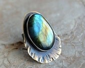 SALE 20% off Labradorite ring, metalwork, oxidized sterling silver and brass, rustic peacock feather, size 6.25 - Against the Wind