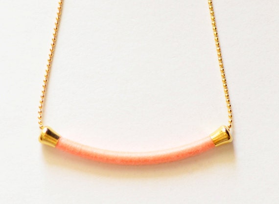 Minimal. Neon Orange. Gold. Thread Wrapped Brass Tube Necklace - no. 601E