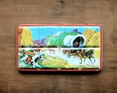 Quite a Scene - Vintage Page of London Western Tin Litho Watercolor Paint Set - Art - Supplies - Cowboy - Southwestern - Indians