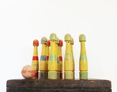 Having Fun - Antique 9 Pin Game - Skittles - Wood - Wooden - Kids - Vintage Game - Bowling - Yellow - Geometric - Striped