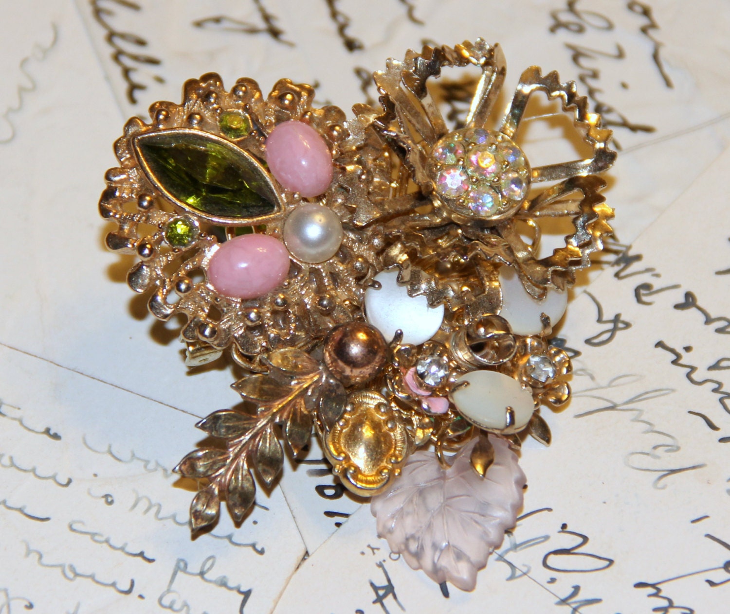 Floral Collage Pin Brooch -Upcycled - Vintage