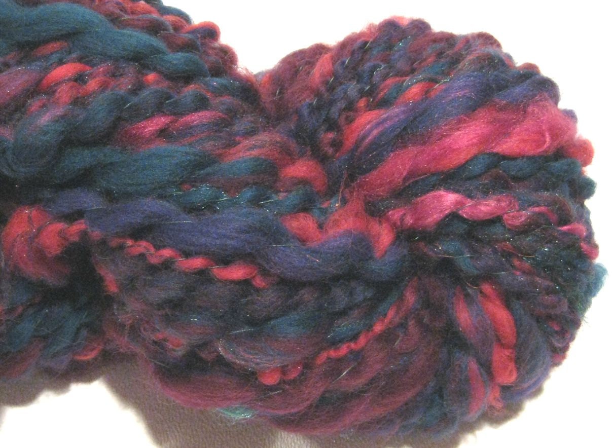 handspun art yarn Alibi 70 yds thick and thin red green navy blue thread plied yarn, knitting supplies crochet supplies