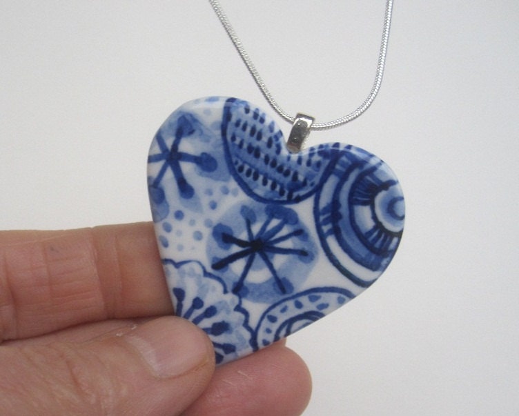 Small Heart  necklace - Hand made & Hand painted Blue and white Delftware porcelain.