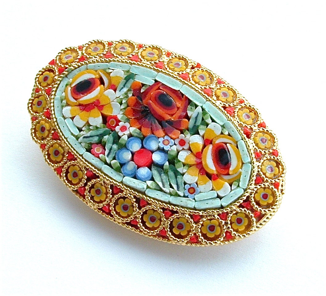 Colorful Micro Mosaic Brooch Italy Vintage Glass Handmade Jewelry, FREE US SHIPPING