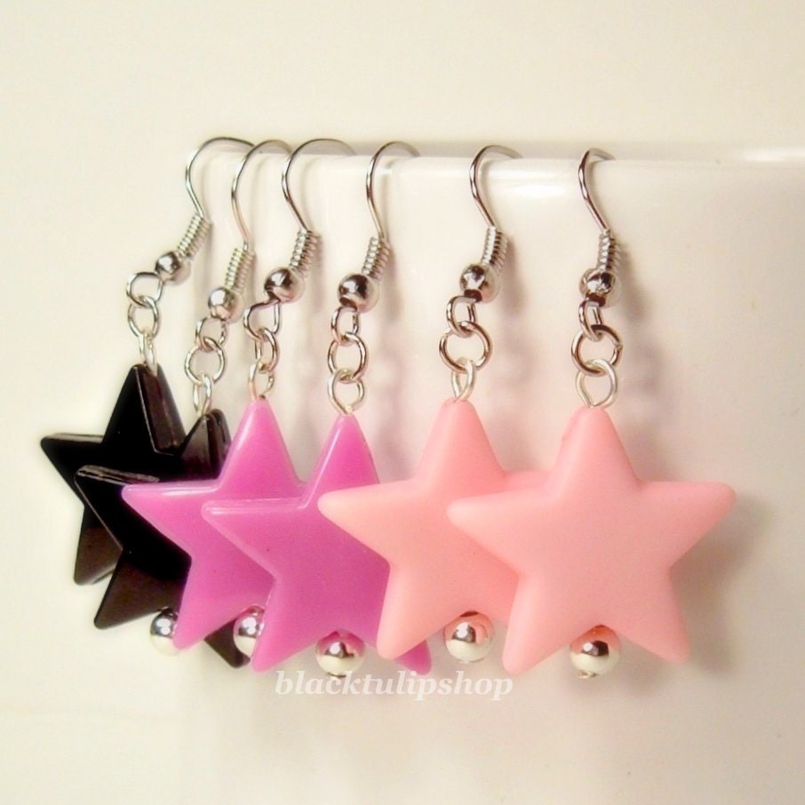 Retro 80s Star Earrings Light Pink Fuchsia Purple Black Pastel Goth Fairy Kei - You Choose