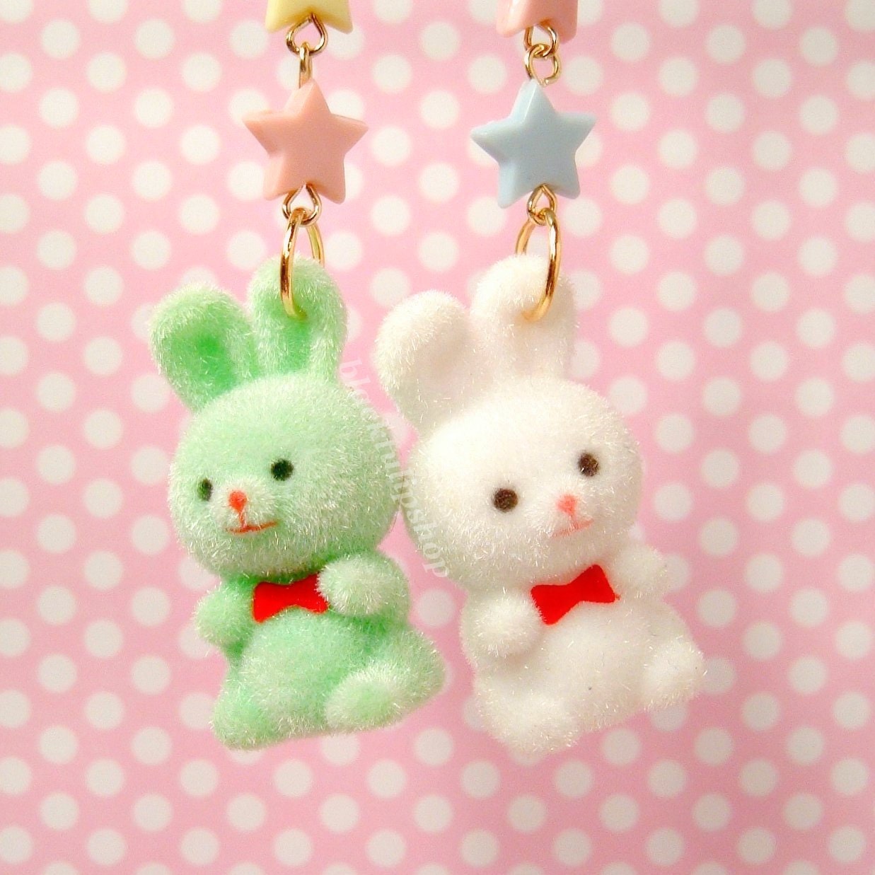 Kawaii Fairy Kei Accessory Bag Charm Zipper Pull Fuzzy Bunny Bow Tie Pastel Color Stars White Mint