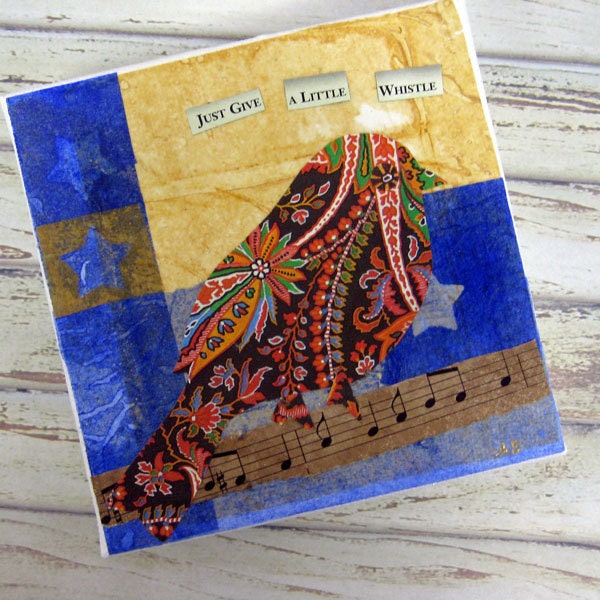 Bird Art Collage Original Mixed Media with Mini Easel