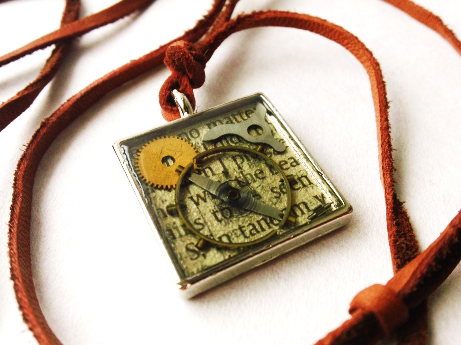 Steampunk Vintage Watch Parts Square Pendant Necklace on Adjustable Brown Suede - 17" to 34"