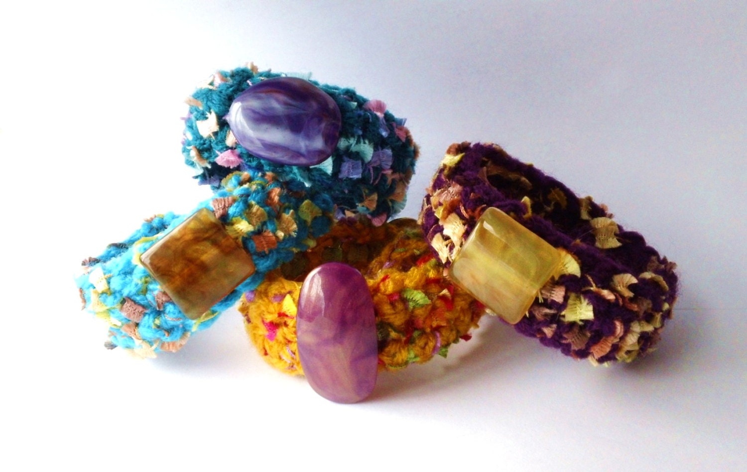 Spring Crocheted Cuff Bracelets, Choose your Color - Blue, Teal, Purple, Yellow