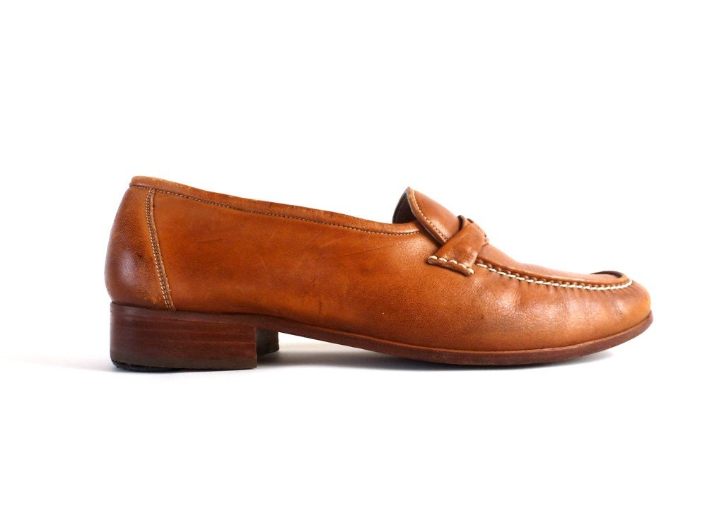 Men's Leather Loafers . Size 10 . Brown Flat Shoes . Stacked Wood Heels . Made in Brazil