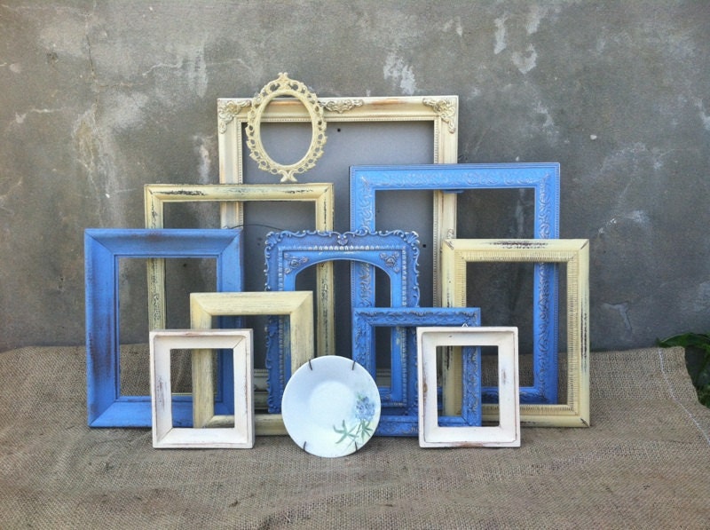 The Calming Effect - Vintage Picture Frame Gathering - French Blue - Butter Cream - Ivory - Cottage Farmhouse CHIC