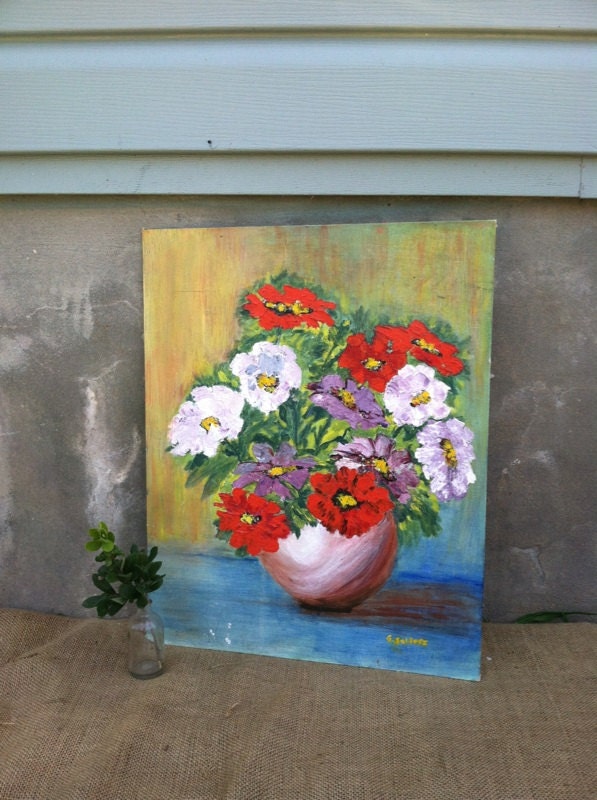 Vintage - Vivacious - Fabulous Floral Oil Painting - Zinnia - Boho Rustic Cottage Farmhouse Chic
