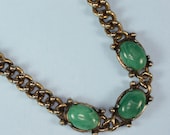 Vintage Faux Jade Necklace Chunky Gold Tone Links Retro