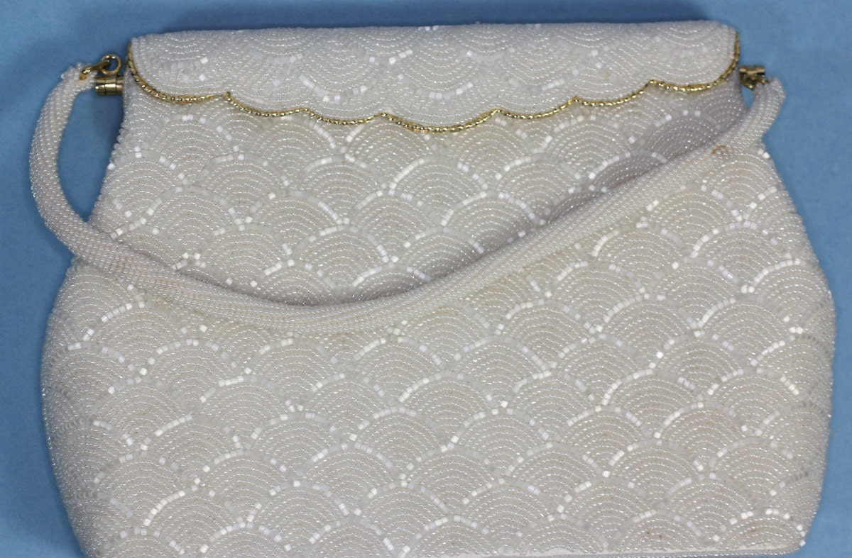 Vintage White Beaded Handbag Hong Kong Seed Beads