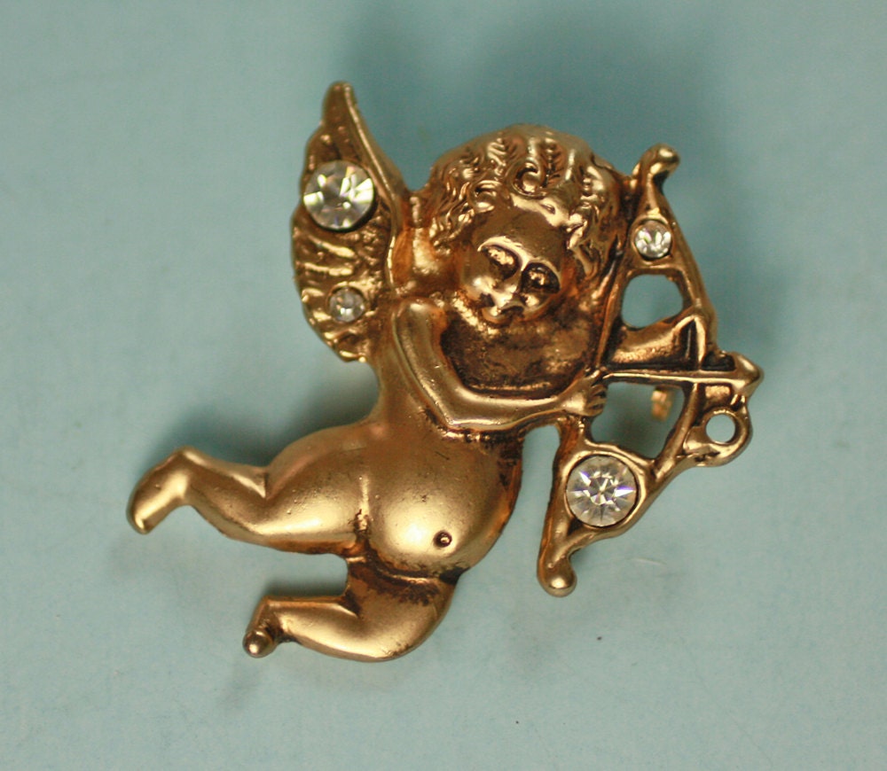 Vintage Cupid with Bow and Rhinestones Brooch Pin