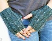 Fingerless Gloves, Hand Knit, Dark Teal Tweed, Arm Hand Warmers, Merino Wool Alpaca