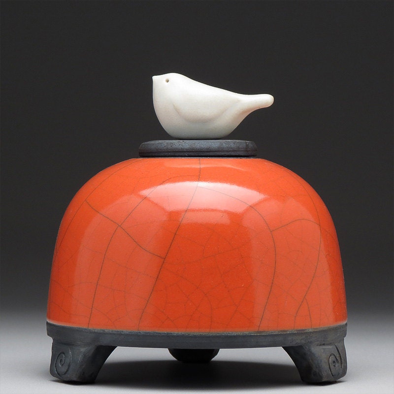 Ceramic  Bird Jar, poppy red,Art pottery,raku jar, Small Pet urn, handmade,home decor
