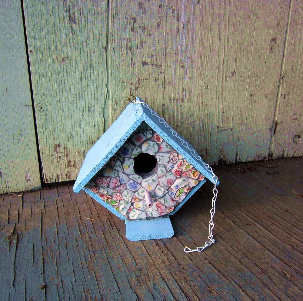 Birdhouse Mosaic Flowered Blue Pink Wood