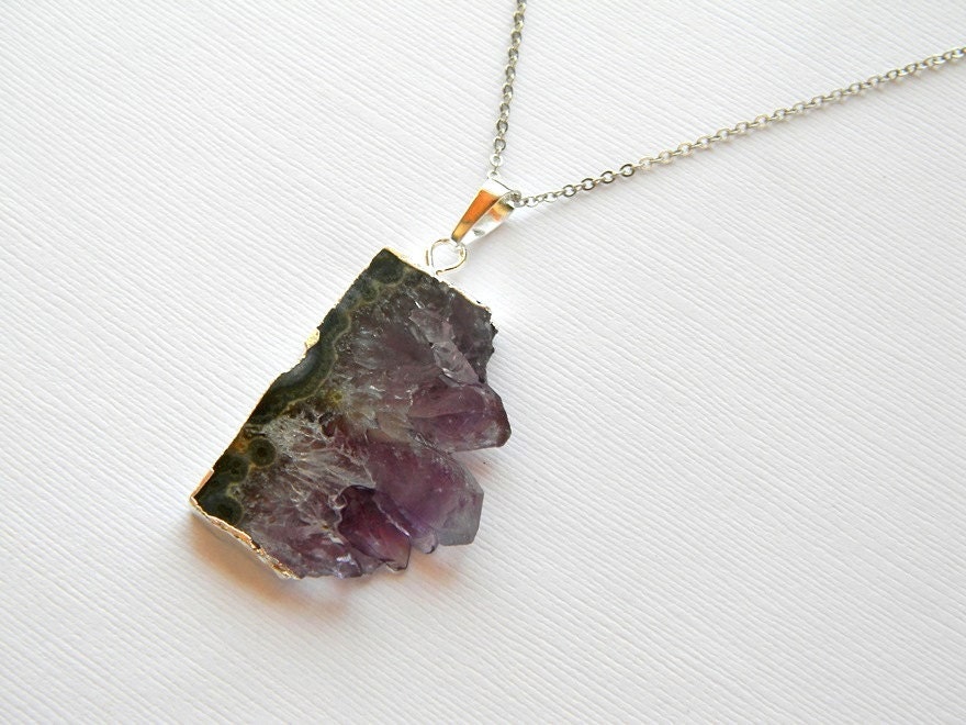 Amethyst Crystal Pendant Necklace - Druzy Slice Necklace - Silver Dipped - Bohemian Necklace - OOAK