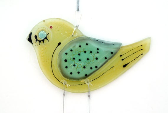 Fused Glass Windchime, Suncatcher, yellow lime  bird
