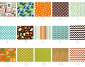 RETRO Forest Critters - - Custom Crib Bedding Set - Chevron, Camp, Woodland Theme - Orange, Aqua, Teal, Blue, Lime Green, Brown