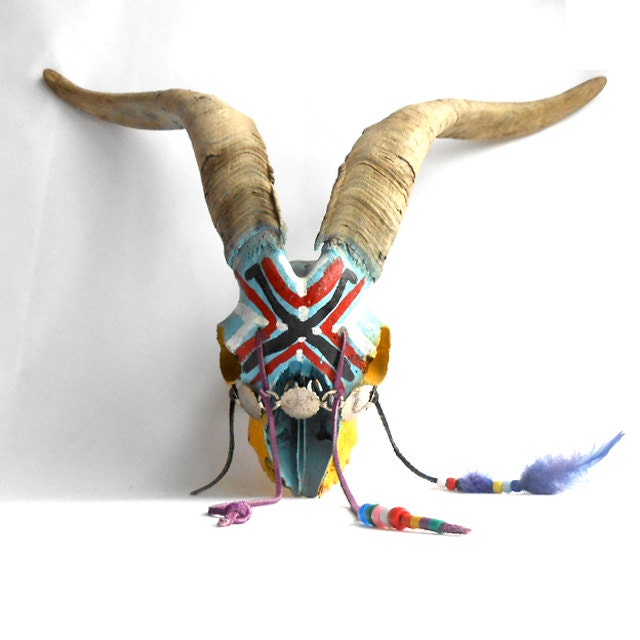 Vintage Native American Tribal Painted Goat Skull and Horns