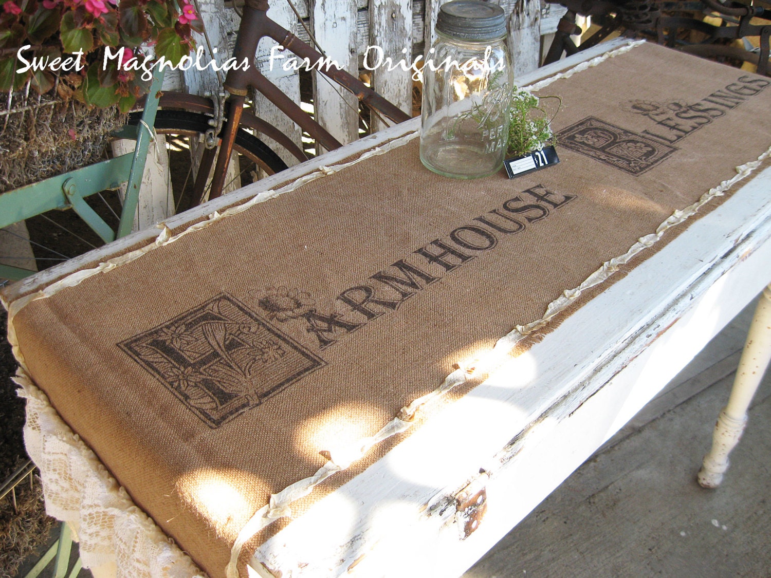 Burlap Table Runner - "Farmhouse Blessings" - Farmhouse -Muslin and Vintage Lace Ruffles -  By:Sweet Magnolias Farm