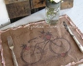 Burlap Table Placemats - Kitchen Bicycle  Birds Pink Floral Garden  Rustic Farmhouse Romance Country Cottage Chic