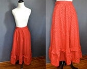 1970s Red Floral Peasant Skirt / High Waist Ruffled Hem / size small to medium