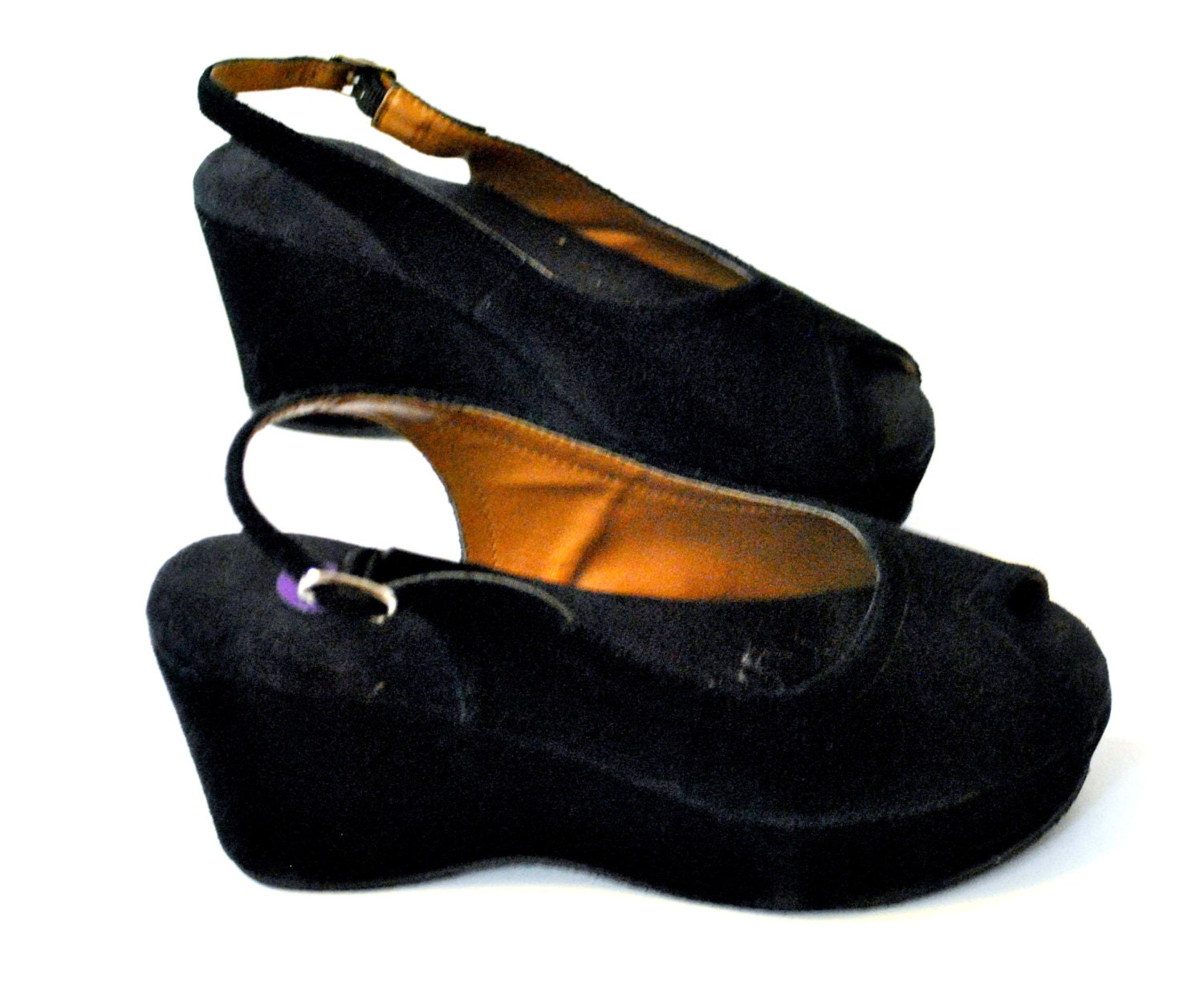 90s Grunge Velvet Platform/ 90s does 40s Black Peeptoe Slingback Sandals / Size 8