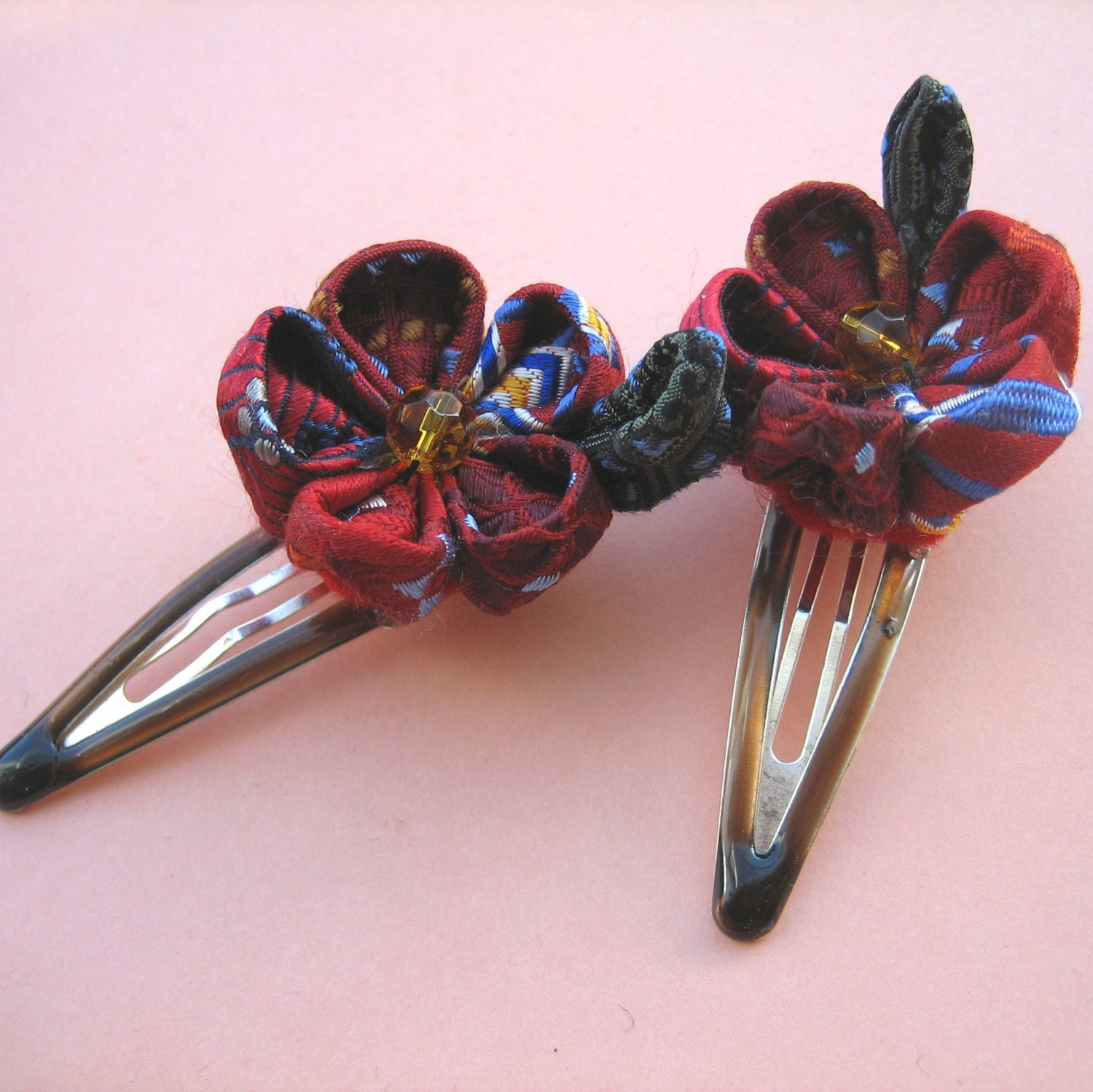 Red Flower Hair Clips: Kanzashi Silk Brocade Ume
