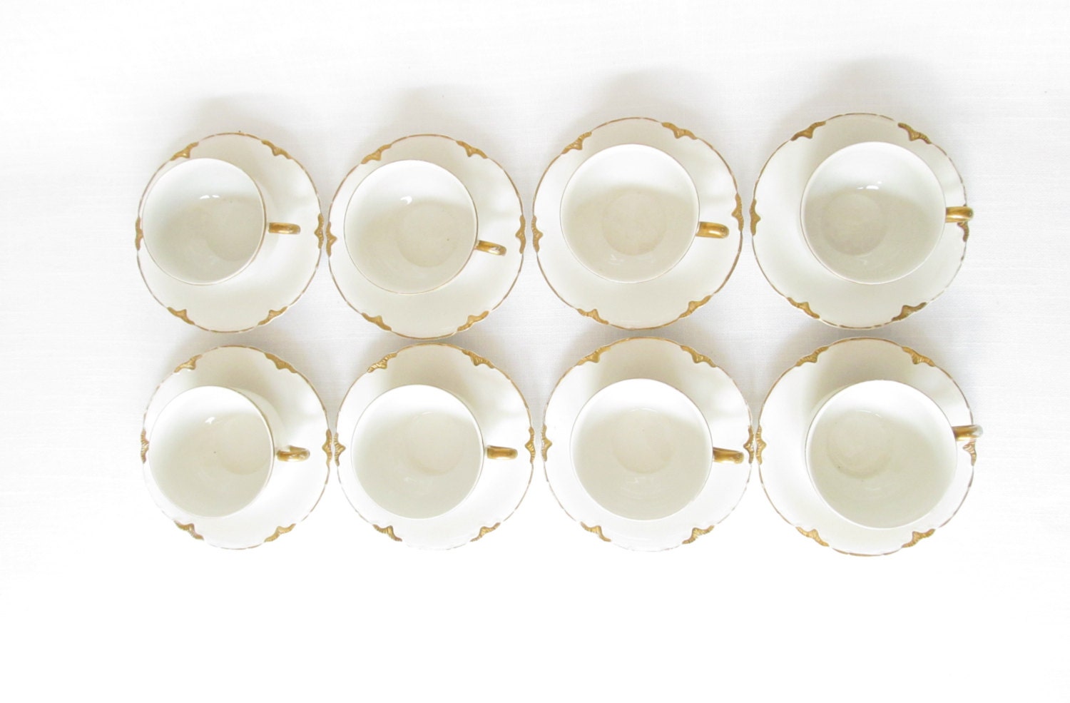 White Antique China Cups and Saucers Set of Eight