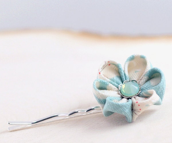 Tiffany blue bobby pin, cherry blossom pin, sakura hair pin, sky blue bobby pin, blue and white, kanzashi, women, girls, clouds - "Daydream"