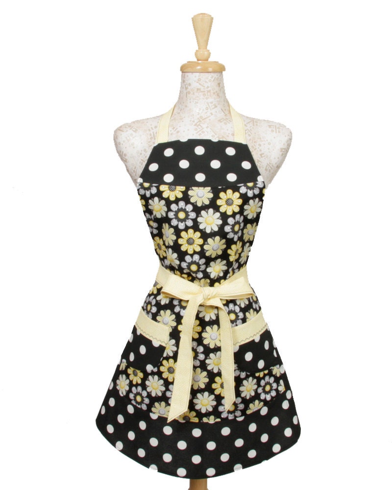Yellow Black Retro style Apron, Daisies and Polka Dots